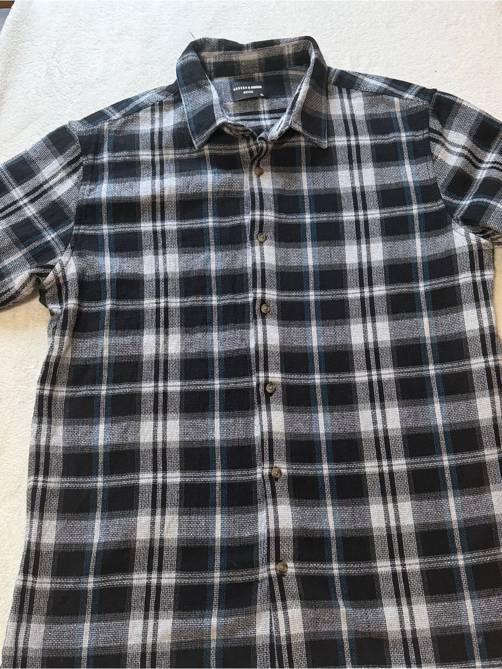 Men's Black & Gray Plaid Button-Down Shirt with Subtle Blue Stripe